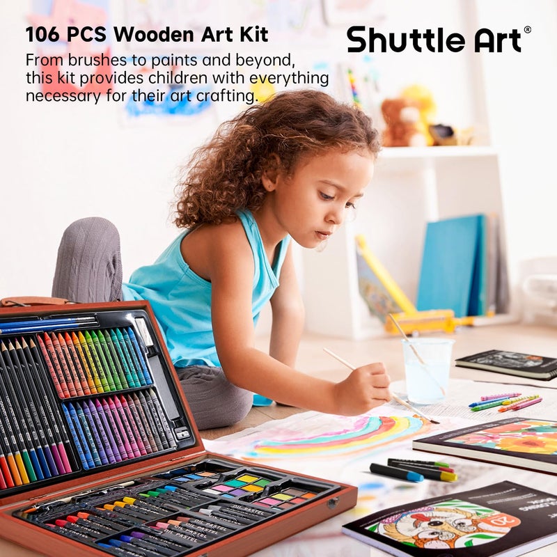 Shuttle Art 106 Piece Deluxe Art Set, Art Supplies in Wooden Case, Painting Drawing Art Kit with Crayons Colored Pencils Oil Pastels Watercolor Cakes Coloring Book Sketch Pad for Kids Adults - Image 5